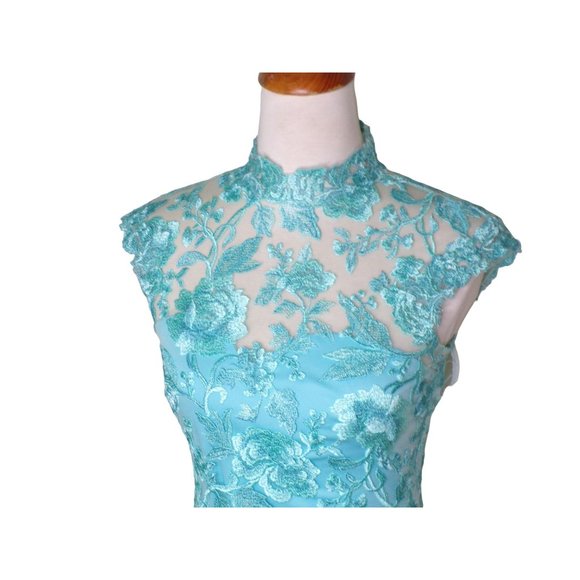 TADASHI SHOJI Embroidered Sheer Lace Mock Neck Gown Aqua 2 NEW - Picture 8 of 13
